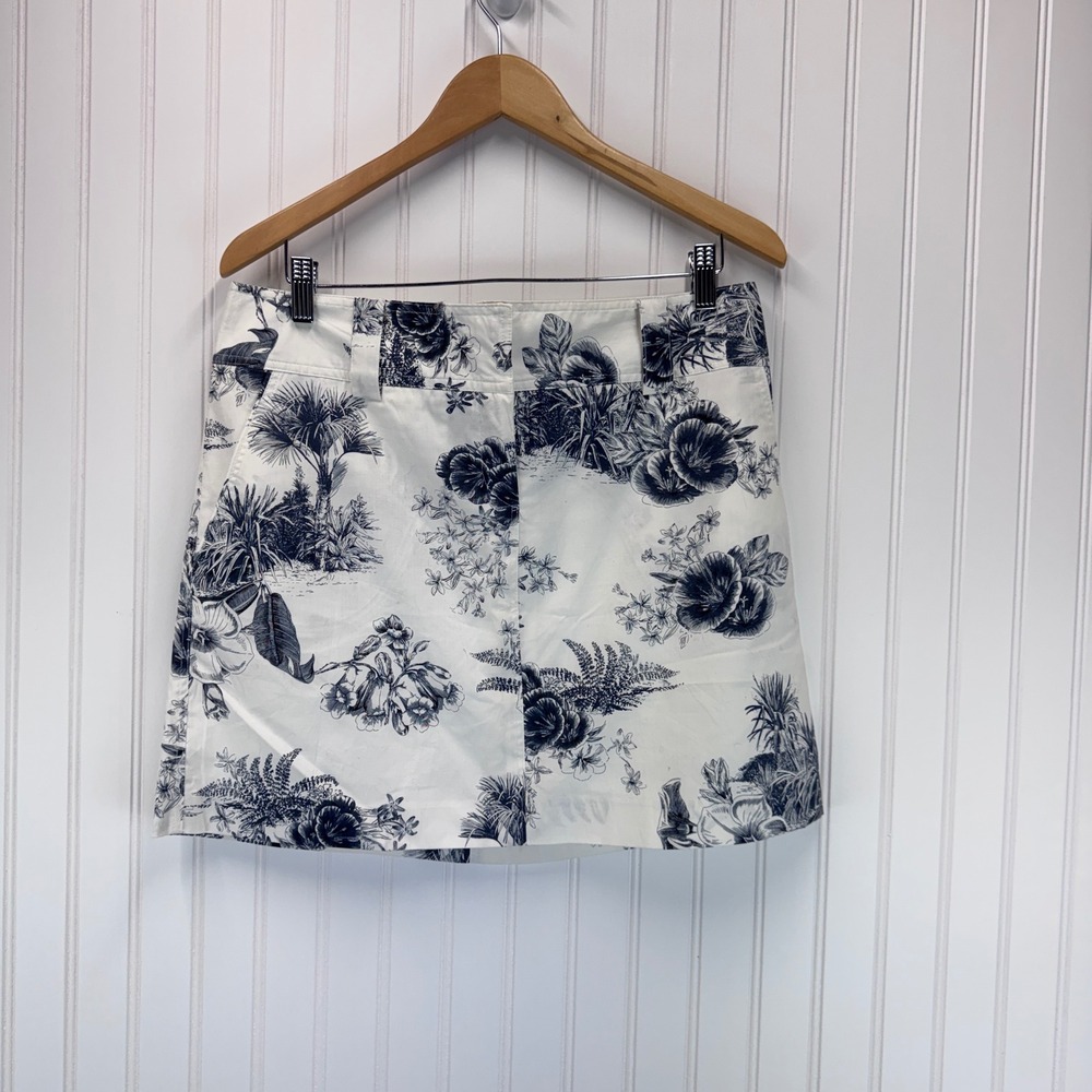Liquid Floral Toile Mini Skirt Womens 10 White Navy Coastal Nautical Summer